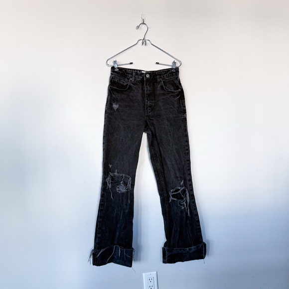 Zara Black Distressed Ripped Knee High Waisted Wide Leg Jeans Cuffed Denim - Picture 3 of 16